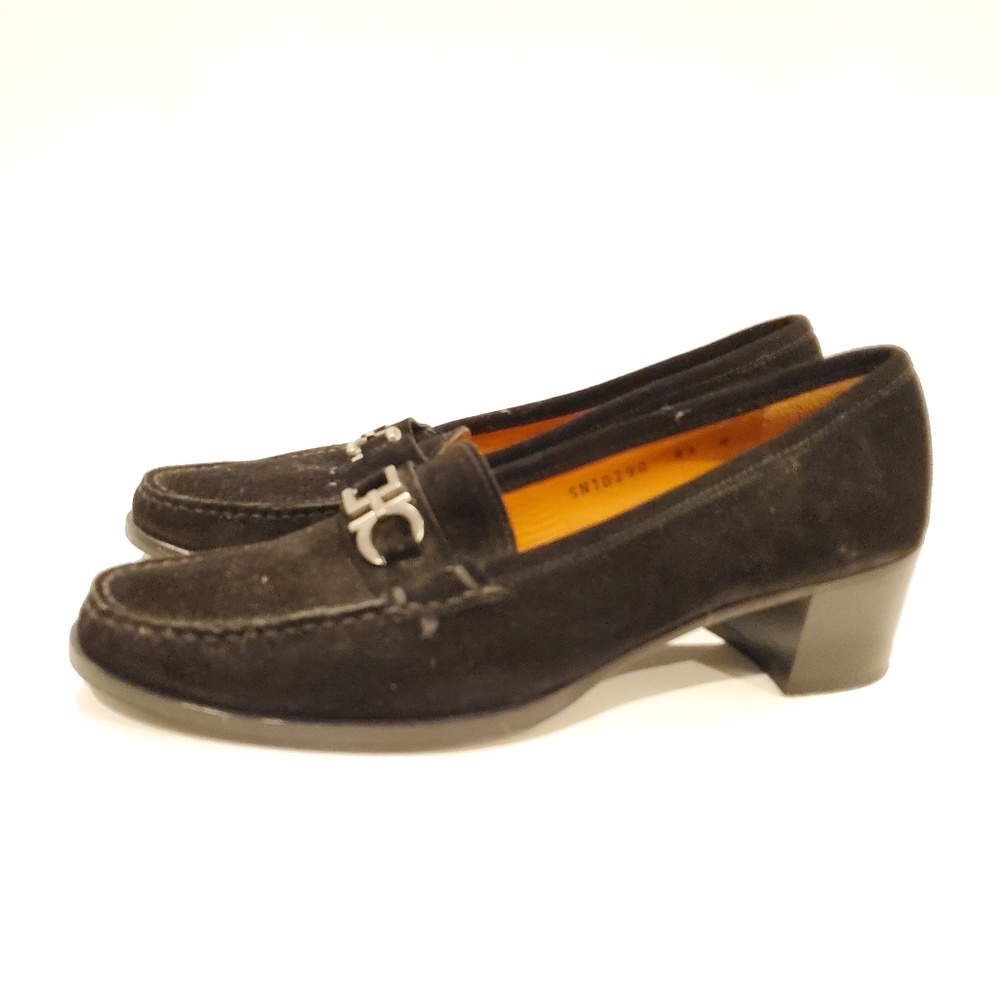 Ferragamo black suede women's professional buckle block heel size 8.5